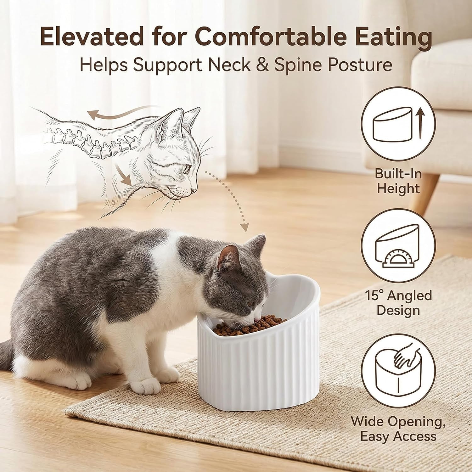 Ceramic Raised Cat Bowls, Tilted Elevated Food or Water Bowls, Stress Free, Backflow Prevention, Dishwasher and Microwave Safe, Lead & Cadmium Free