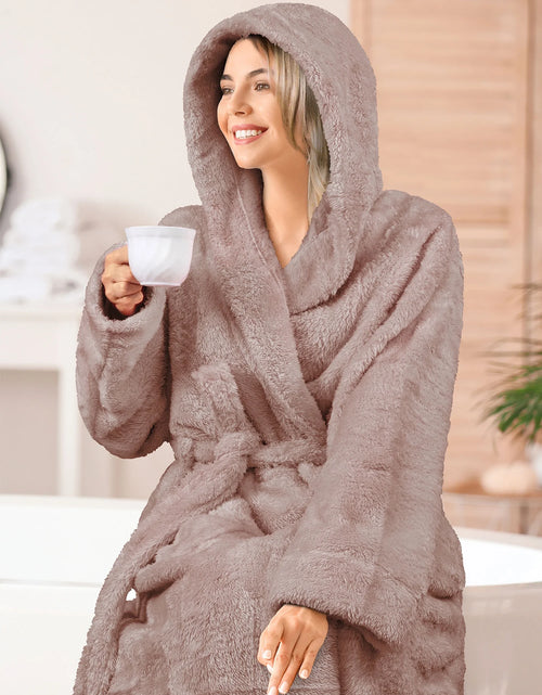 Load image into Gallery viewer, Women Hooded Plush Soft Robe | Fluffy Warm Fleece Sherpa Shaggy Bathrobe (S/M, Taupe)

