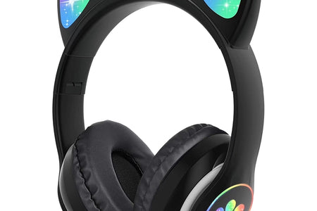 Kids Headphones, Cat Ear Wireless Headphones, LED Light up Kids Bluetooth Headphones over on Ear Black