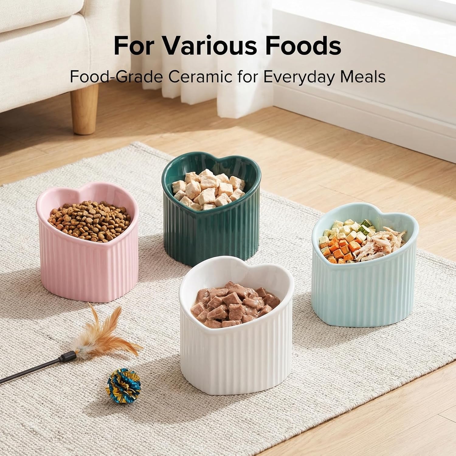 Ceramic Raised Cat Bowls, Tilted Elevated Food or Water Bowls, Stress Free, Backflow Prevention, Dishwasher and Microwave Safe, Lead & Cadmium Free