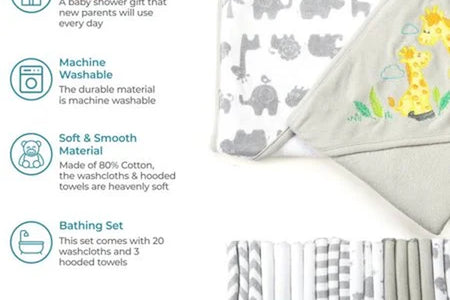 Juego De Toallas Con Capucha Para Baño Y Paños Para Bebés, Juego De Regalo De 23 Piezas, Jirafa Gris