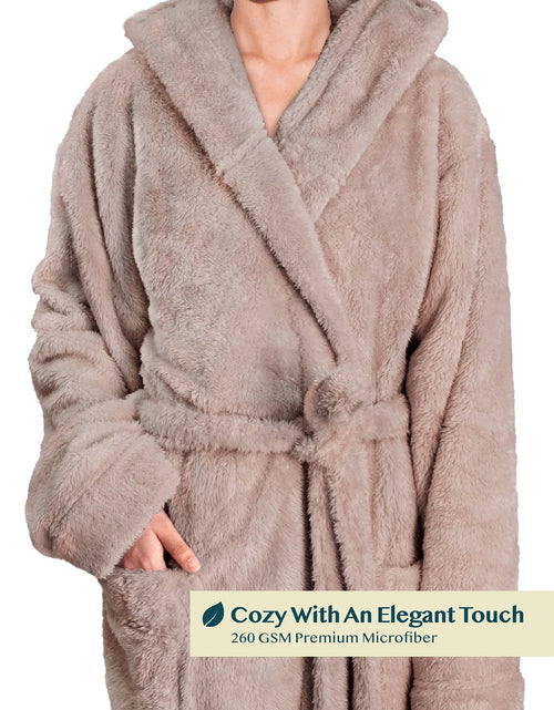 Load image into Gallery viewer, Women Hooded Plush Soft Robe | Fluffy Warm Fleece Sherpa Shaggy Bathrobe (S/M, Taupe)
