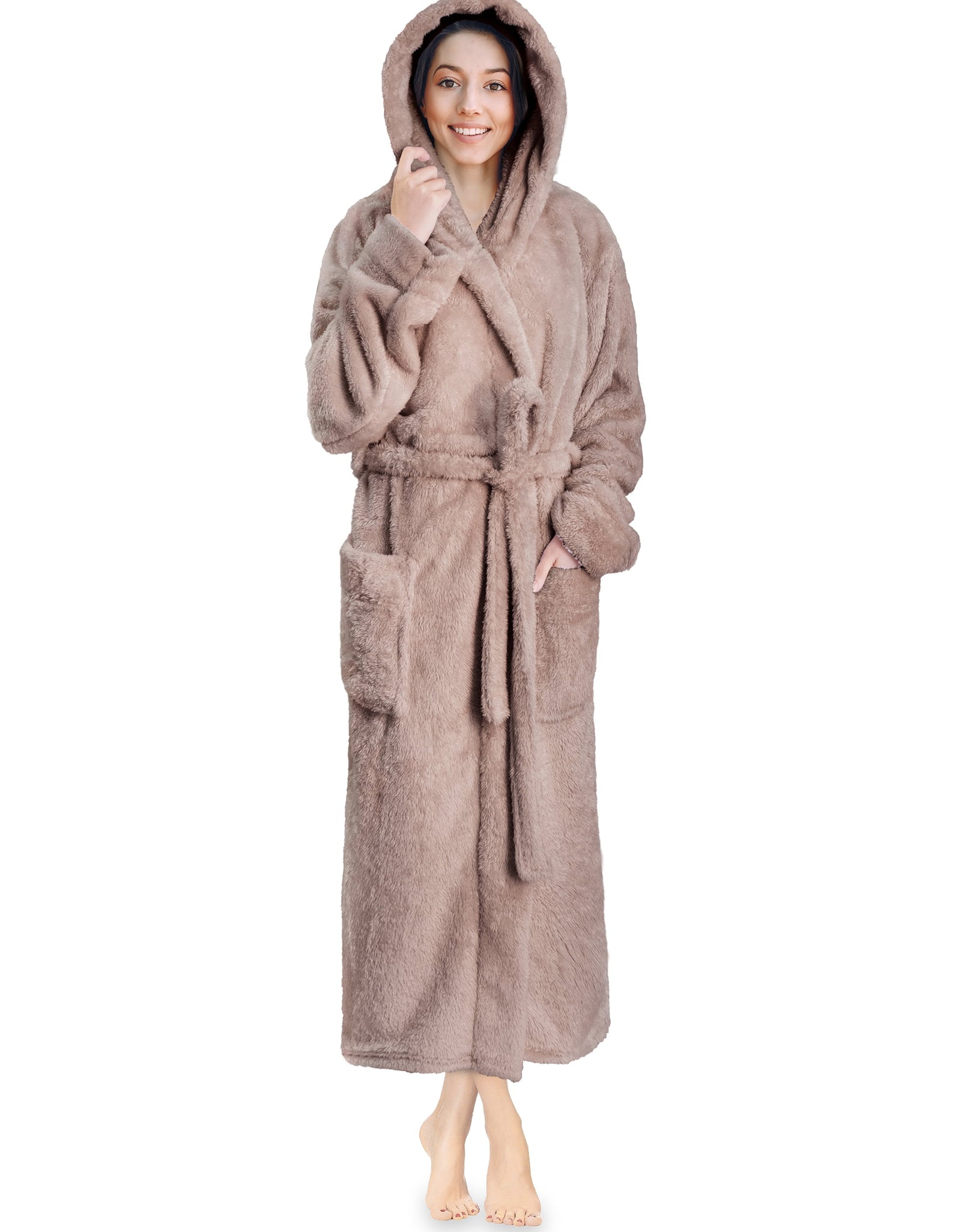 Women Hooded Plush Soft Robe | Fluffy Warm Fleece Sherpa Shaggy Bathrobe (S/M, Taupe)