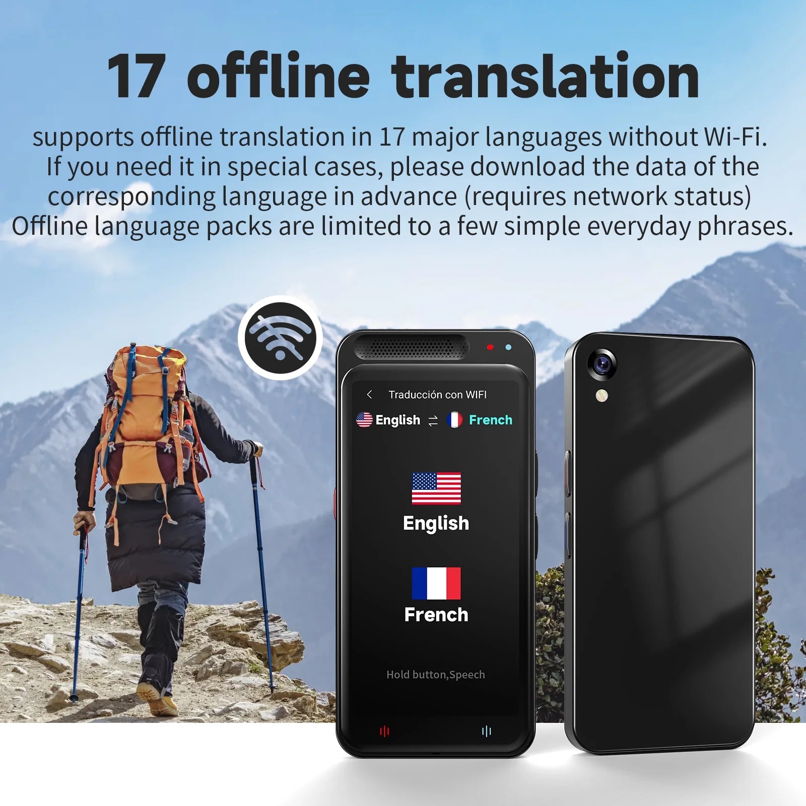 Language Translator Device, Two-Way Smart Voice and Photo Pocket Translator Real Time, Online Offline Translation for Business, Learning,Black