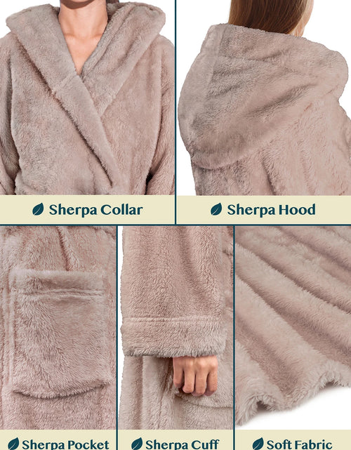 Load image into Gallery viewer, Women Hooded Plush Soft Robe | Fluffy Warm Fleece Sherpa Shaggy Bathrobe (S/M, Taupe)
