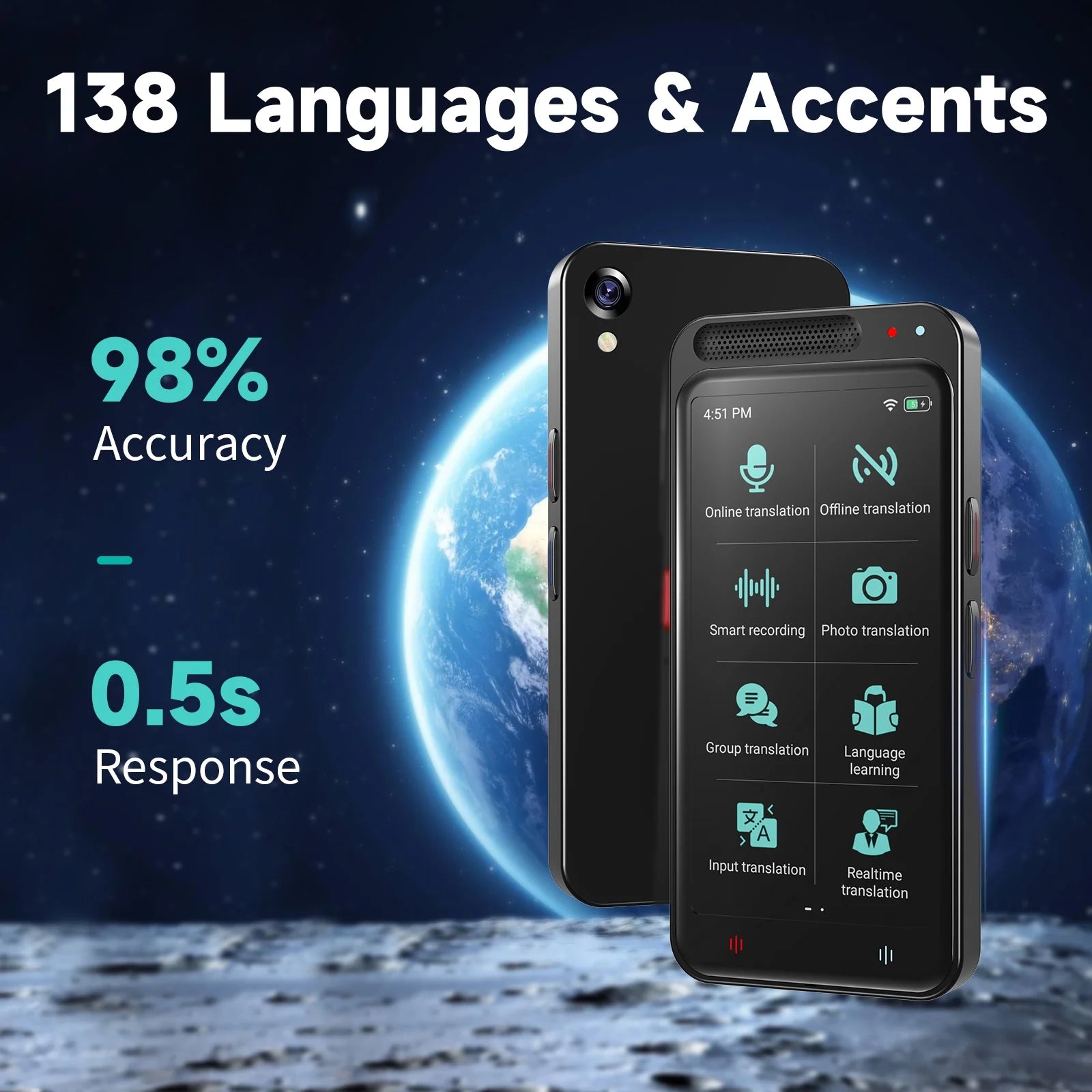 Language Translator Device, Two-Way Smart Voice and Photo Pocket Translator Real Time, Online Offline Translation for Business, Learning,Black